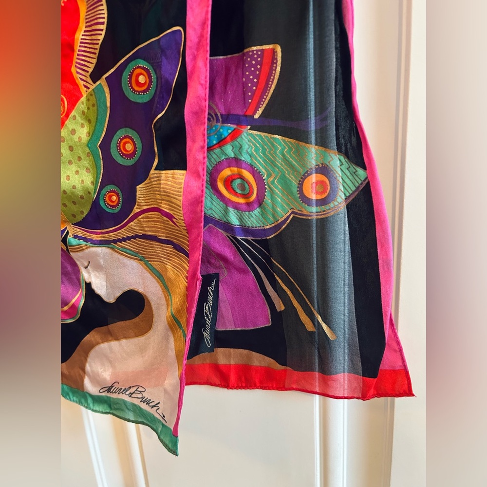 Vintage Laurel Burch 100% Silk Scarf Multicolor Butterfly Long Designer Wrap - Picture 7 of 16